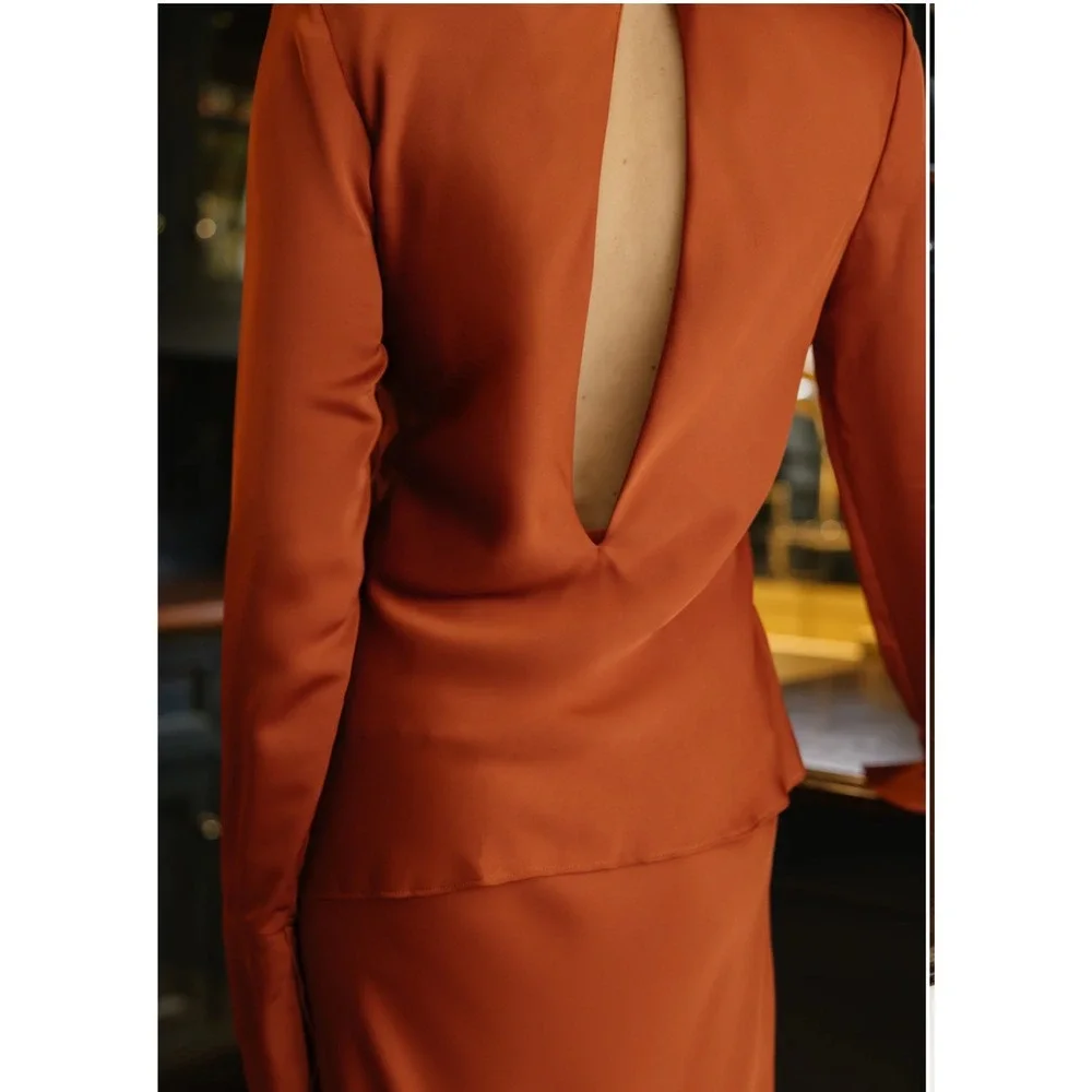Few Moda Satin Open Back‎ Peplum Maxi Dress Burnt Orange Long Bell Sleeve Formal
